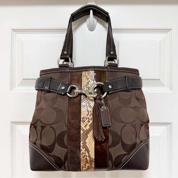 Coach Hampton Signature Patchwork Tote & Matching Wristlet Brown Python Stripe - Picture 3 of 14